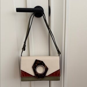 Ganni Cream Green and Brown Croc Leather Crossbody Bag w Tortoise accent